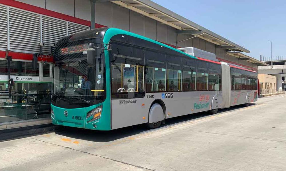 BRT buses in Peshawar as authorities announce route restrictions and Muharram security measures across the city.